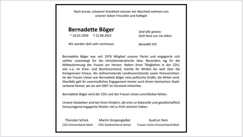 Anzeige Bernadette Böger